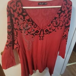 Seven7 Red V-Neck Tunic with Black Scroll Print & Rhinestones
